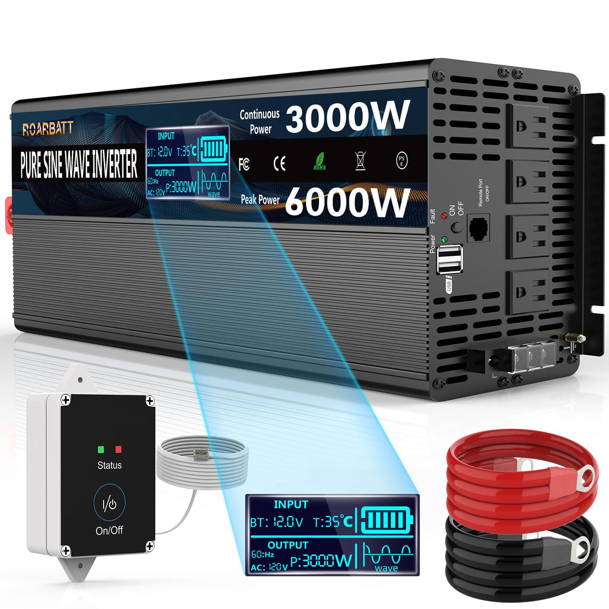 Pure Sine Wave Power Inverter, 3000W 12V DC to 110V/120V AC, Peak 6000W - Remote Control, 4 AC Outlets, Dual USB, LED Display, Terminal Blocks for