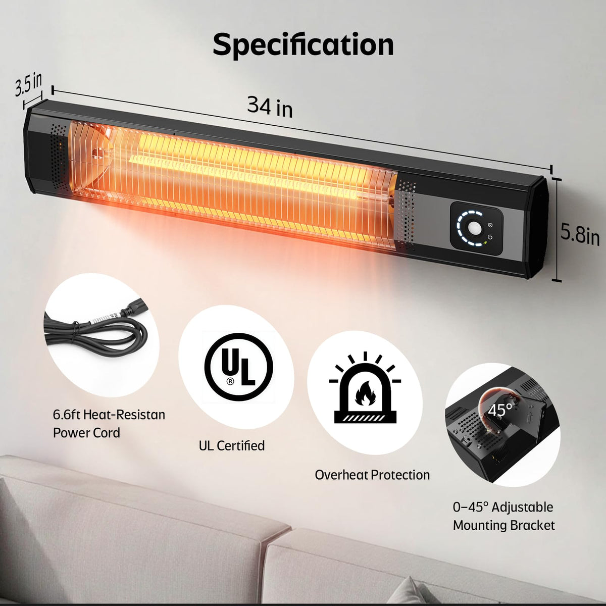 Outdoor Electric Patio Heater, 42-inch 1500W Infrared Tower Heater with 9 Heat Settings & 9H Timer, IPX5 Waterproof, Safety Lock, Tip-Over & Overheat