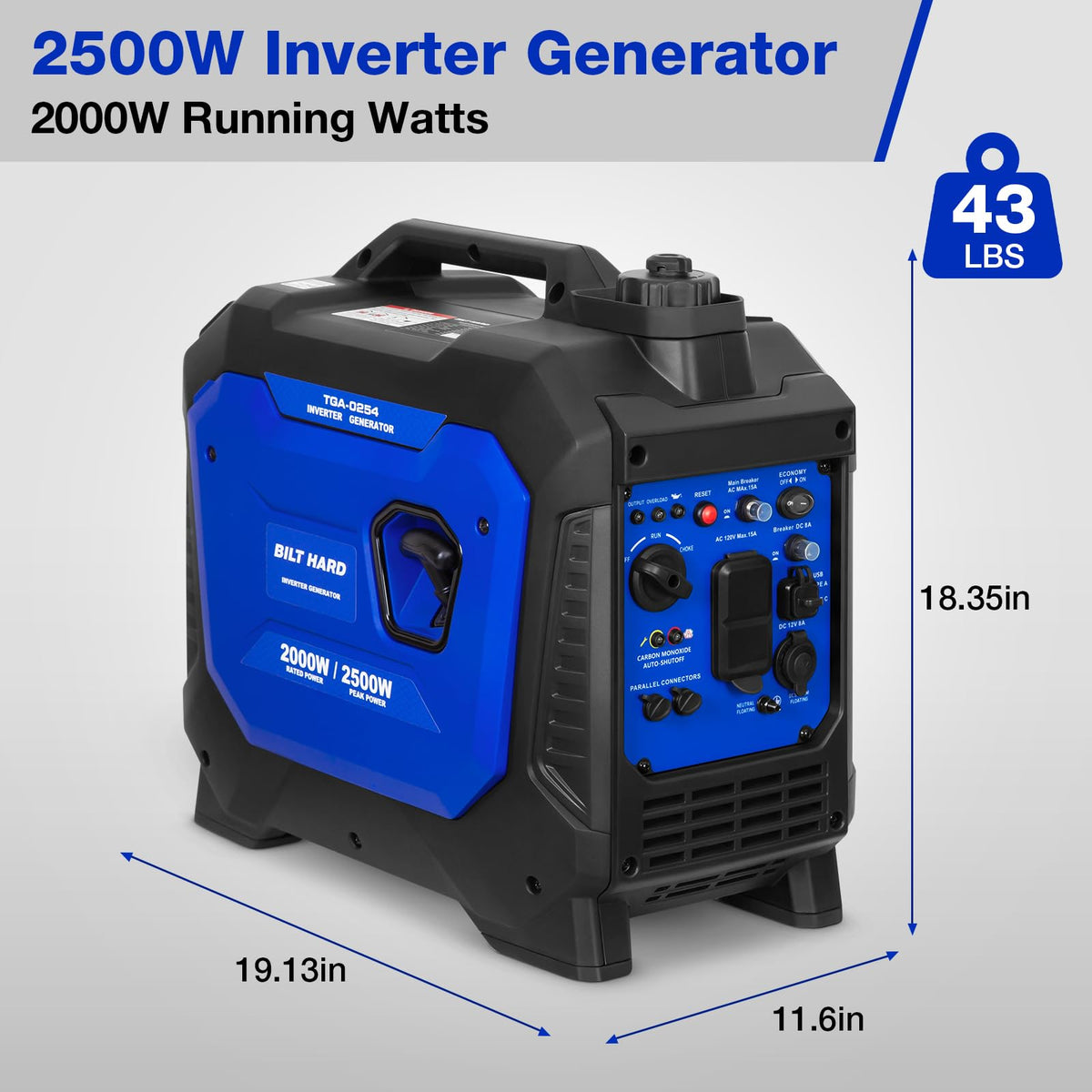 BILT HARD Gas Generator 2500W, 80cc 4 Stroke Quiet Inverter Generator with CO Sensor, Parallel Ready,120V AC Duplex Receptacle and 12V DC Output