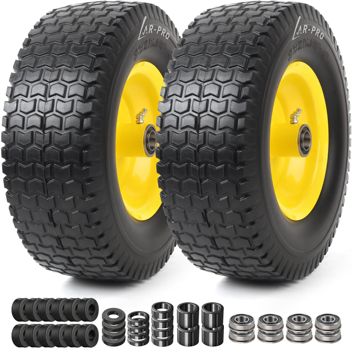 AR-PRO (2-Pack) 16x6.50-8 Flat-Free Tire and Wheel Assemblies, Relacement 16x6.5-8 Solid Turf Tire with Rim for Garden Tractor Riding Lawn Mowers, 3" Offset Hub and 3/4" Bushings