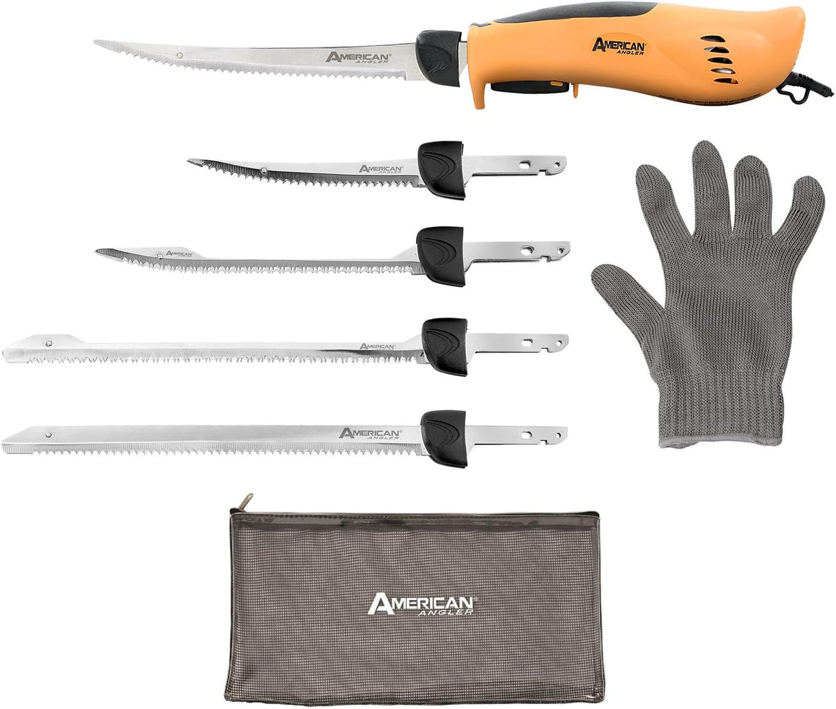 American Angler PRO Electric Fillet Knife Professional Grade Fisherman's Kit C Includes 5 Types of Stainless Steel Blades, Storage Pouch, and