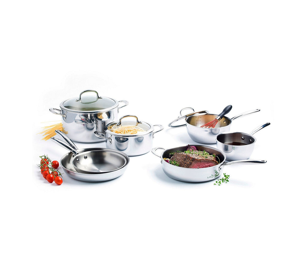OXO Mira Tri-ply Stainless Steel, 10 Piece Cookware Pots and Pans Set, Skillets, Saute, Saucepans, Lids,Incl Ceramic Nonstick Frying Pan,Induction