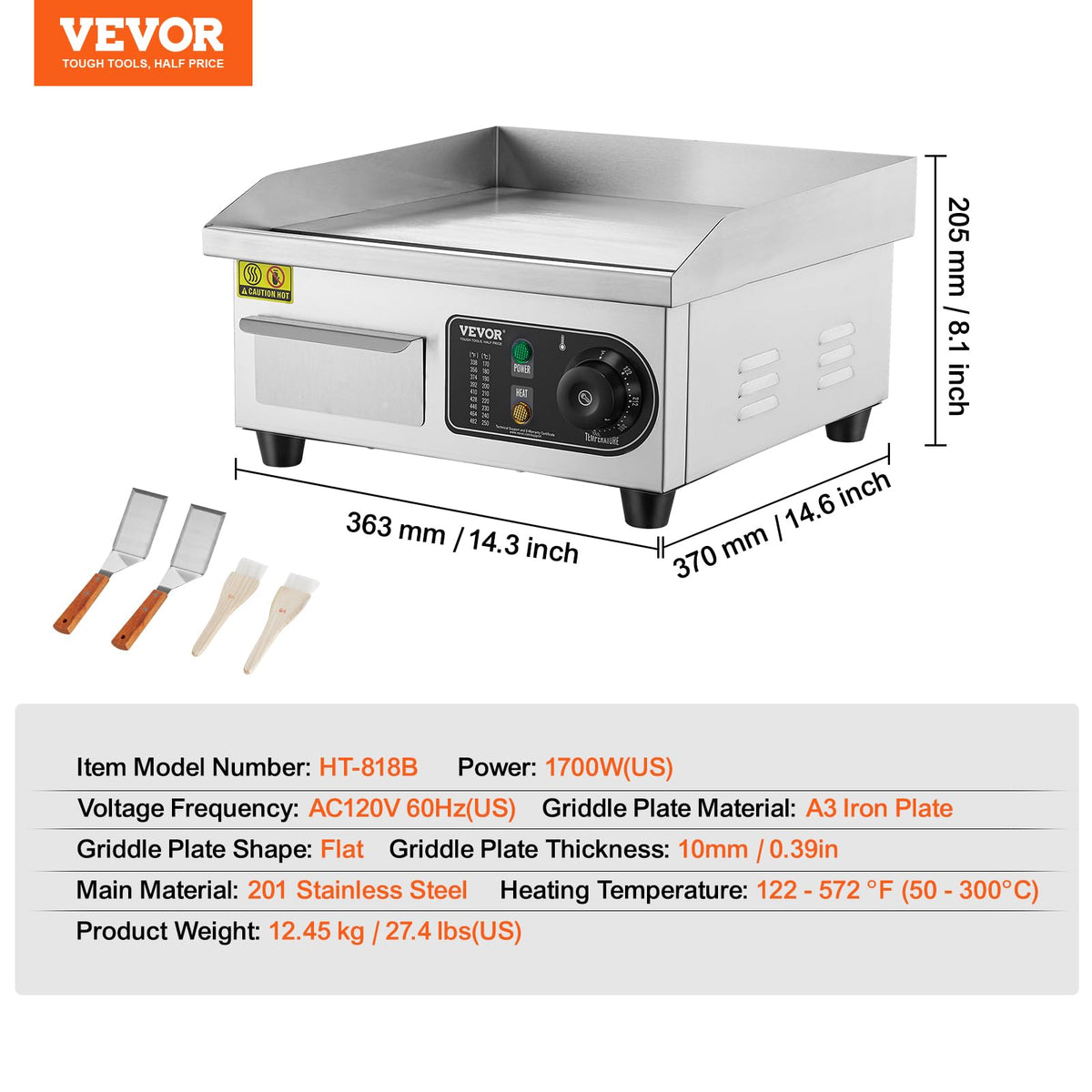 VEVOR Upgraded Commercial Electric Griddle, 2800W Stainless Steel Countertop Flat Top Grill, 26'' Griddle Grill with 2 Shovels and 2 Brushes, 122H