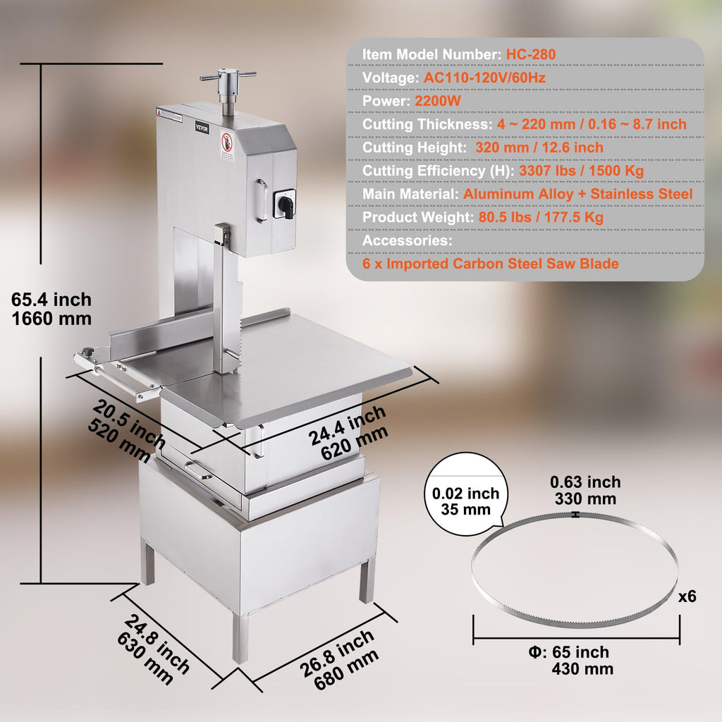Commercial Electric Meat Bandsaw, 1500W Stainless Steel Countertop Bone Sawing Machine, Workbeach 19.3" x 15", 0.16-7.9 Inch Cutting Thickness