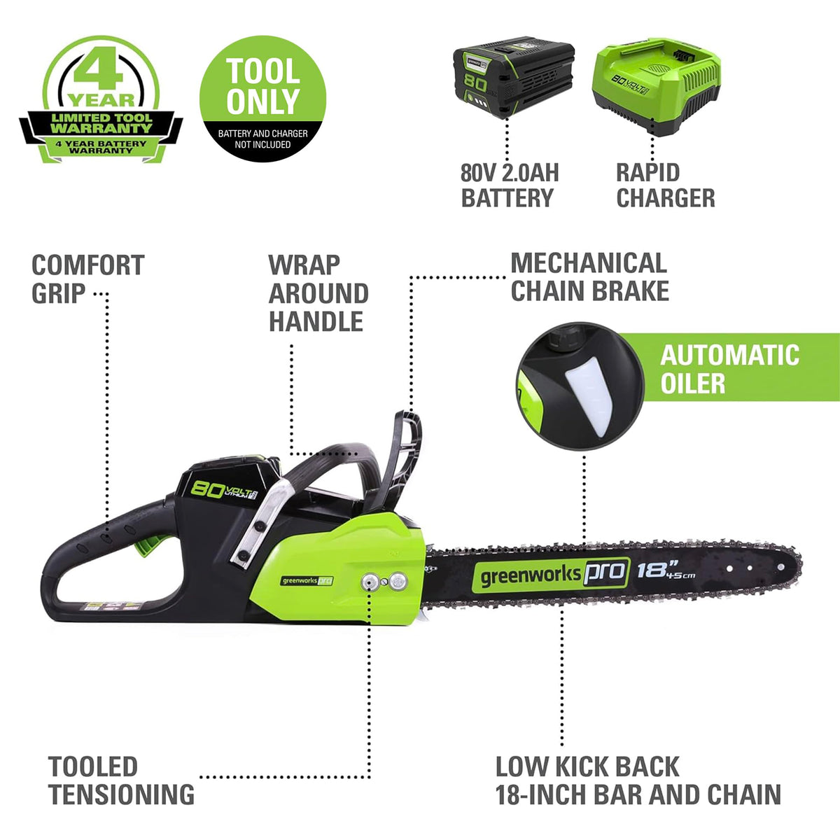 Greenworks 80V 18" Brushless Cordless Chainsaw (Great For Tree Felling, Limbing, Pruning, and Firewood) / 75+ Compatible Tools), 2.0Ah Battery and