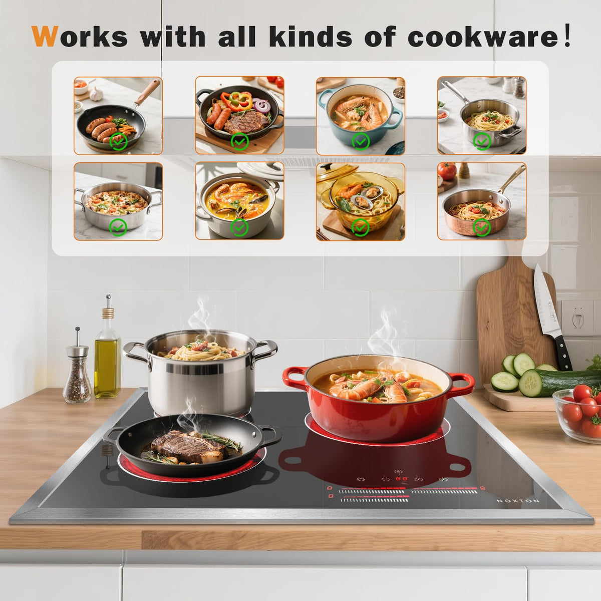 Noxton 30 Inch Electric Cooktop, 8400W 5 Burners Built-in Radiant Electric Stove Top, Slider Control, 9 Power Levels, Child Safety Lock, Timer, 220