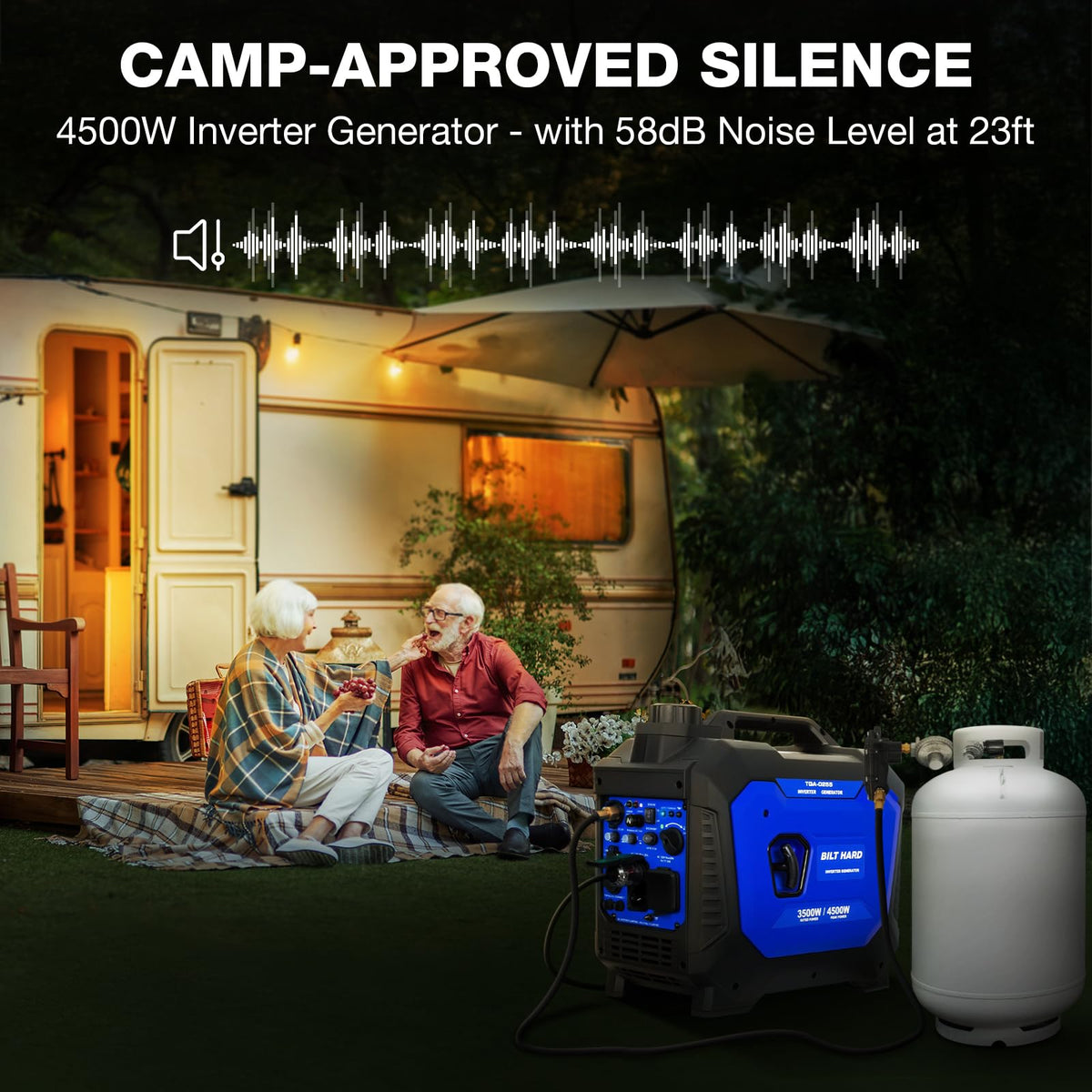 BILT HARD Gas Generator 2500W, 80cc 4 Stroke Quiet Inverter Generator with CO Sensor, Parallel Ready,120V AC Duplex Receptacle and 12V DC Output
