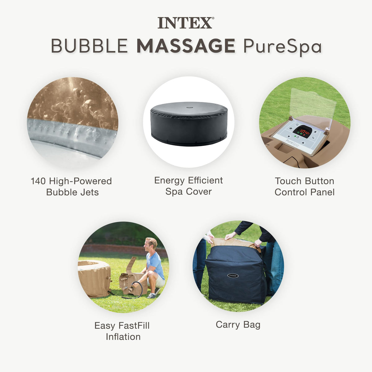INTEX 28425EH PureSpa Bubble Massage Spa Set Outdoor Inflatable Portable Hot Tub, Includes Energy Efficient Spa Cover, Saltwater System Ready, 4
