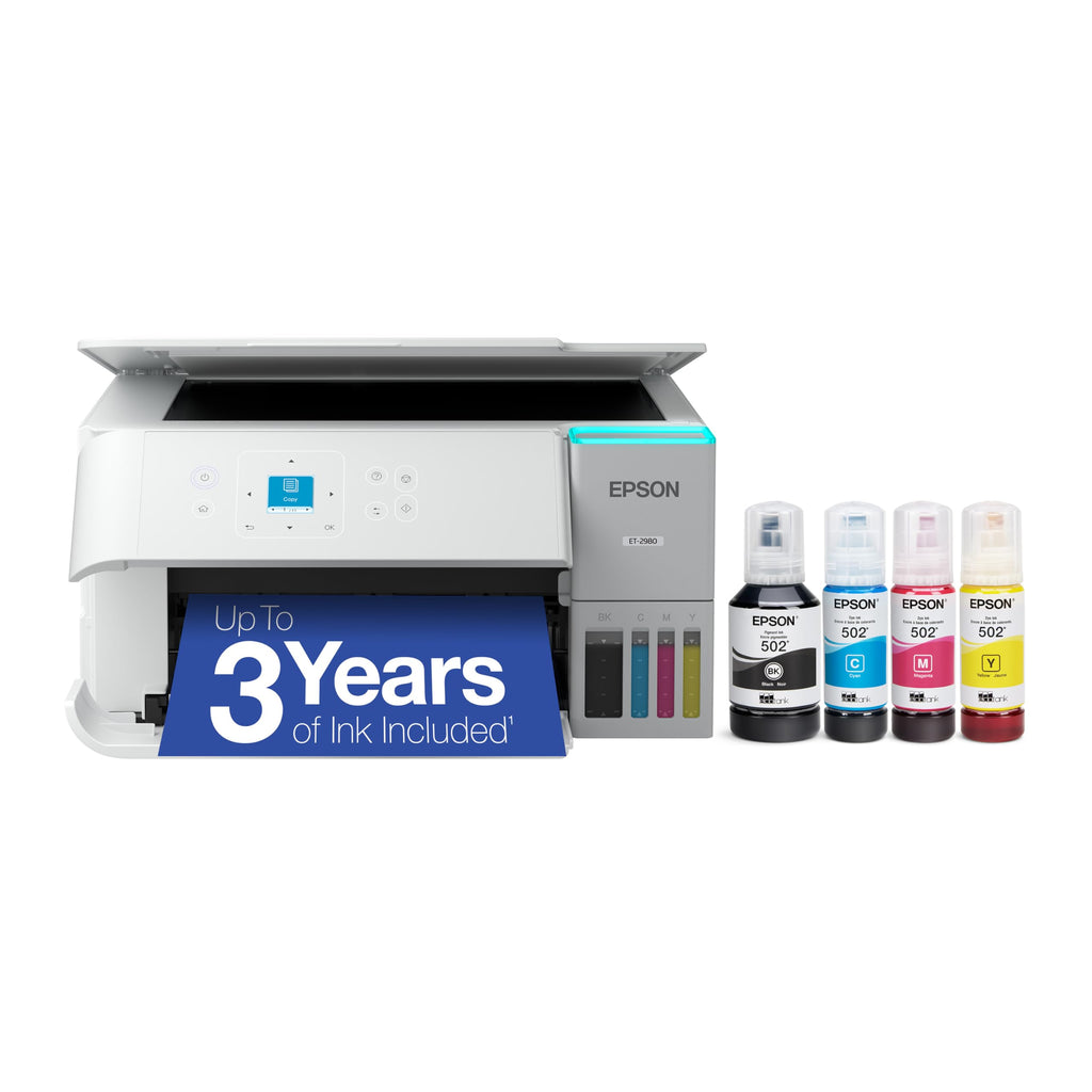 Epson EcoTank ET-2980 Wireless All-in-One Color Supertank Printer with up to 3 Years of Ink, Refillable Tanks, Perfect for Home, 15 PPM, 1.44" Color