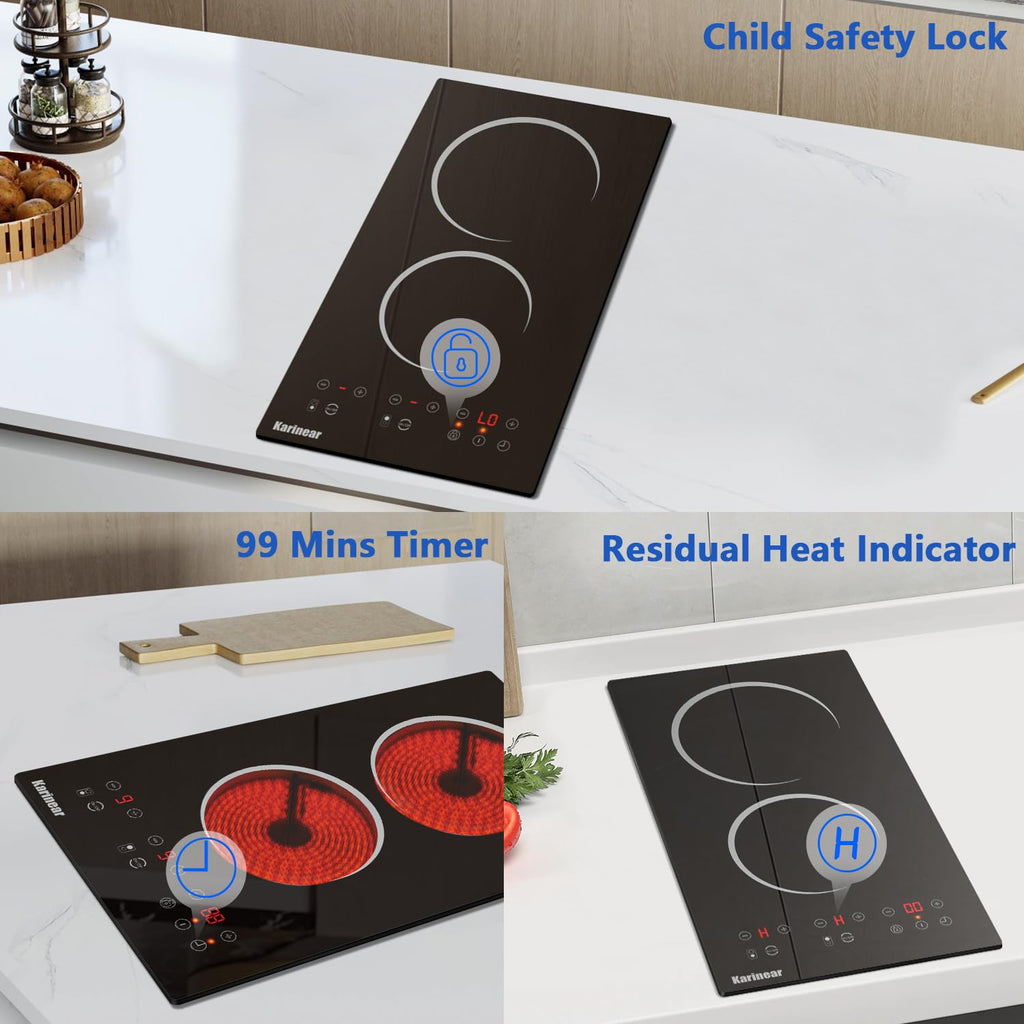 Karinear Electric Cooktop 30 Inch, 5 Burners Electric Stove 30 Inch Electri Ceramic Cooktop, 9 Power Level, Pause, Timer, Child Safety Lock, Triple