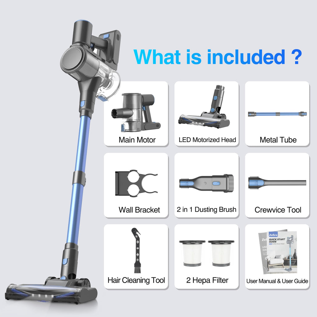 Zefiro Cordless Vacuum Cleaner for Home,45Mins Runtime Stick Vacuum Cleaners, Anti-Tangle and 1.5L Dust Cup, Lightweight Vacuum for Hardwood Floor