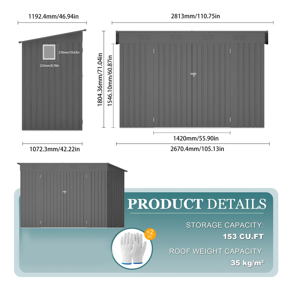 4 * 9.2 FT Outdoor Storage Shed, Galvanized Steel Garden Shed with Lockable Door & Window, Waterproof Metal Tool Storage for Garden, Backyard, Patio
