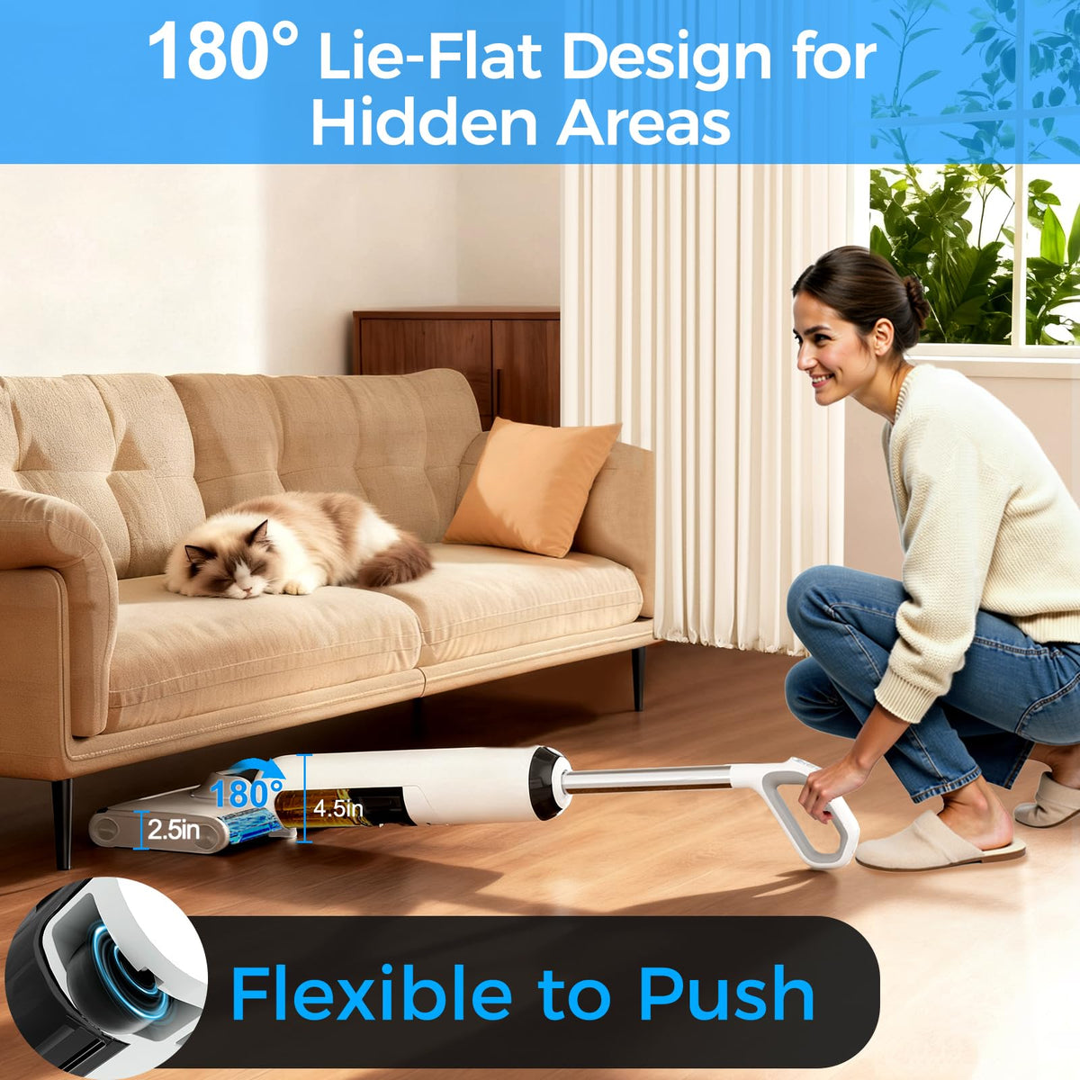 Wet Dry Vacuum Cleaner, 180 Lay-Flat Cordless Vacuum Mop Combo with Edge Cleaning, All-in-One Floor Cleaner for Hard Floors, Self-Cleaning, 45mins