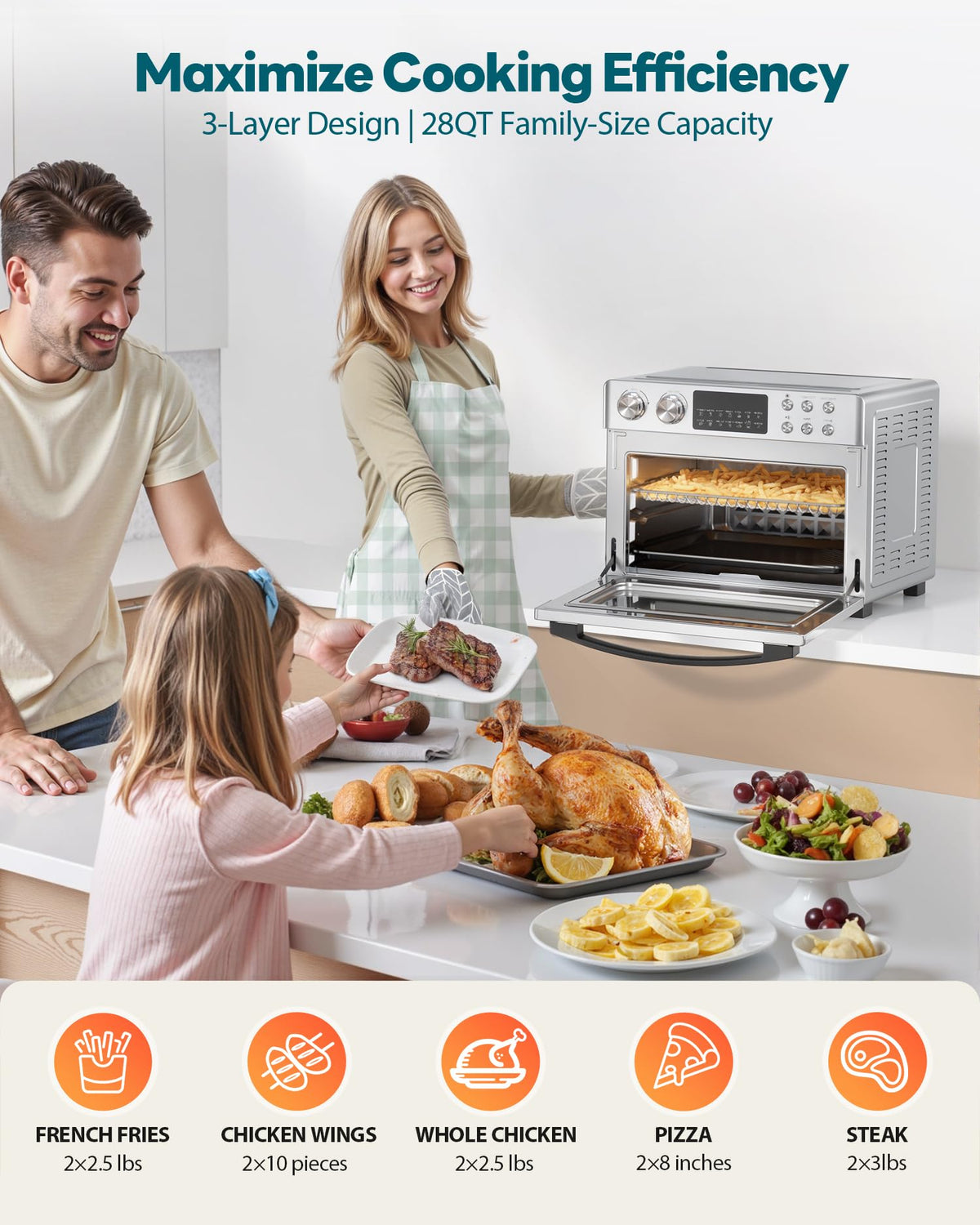 28QT Air Fryer Toaster Oven Combo, Large 12-in-1 Convection Countertop Oven with 3-Layer Cooking, Rotisserie for Chicken, 6 Heating Tubes, Fast