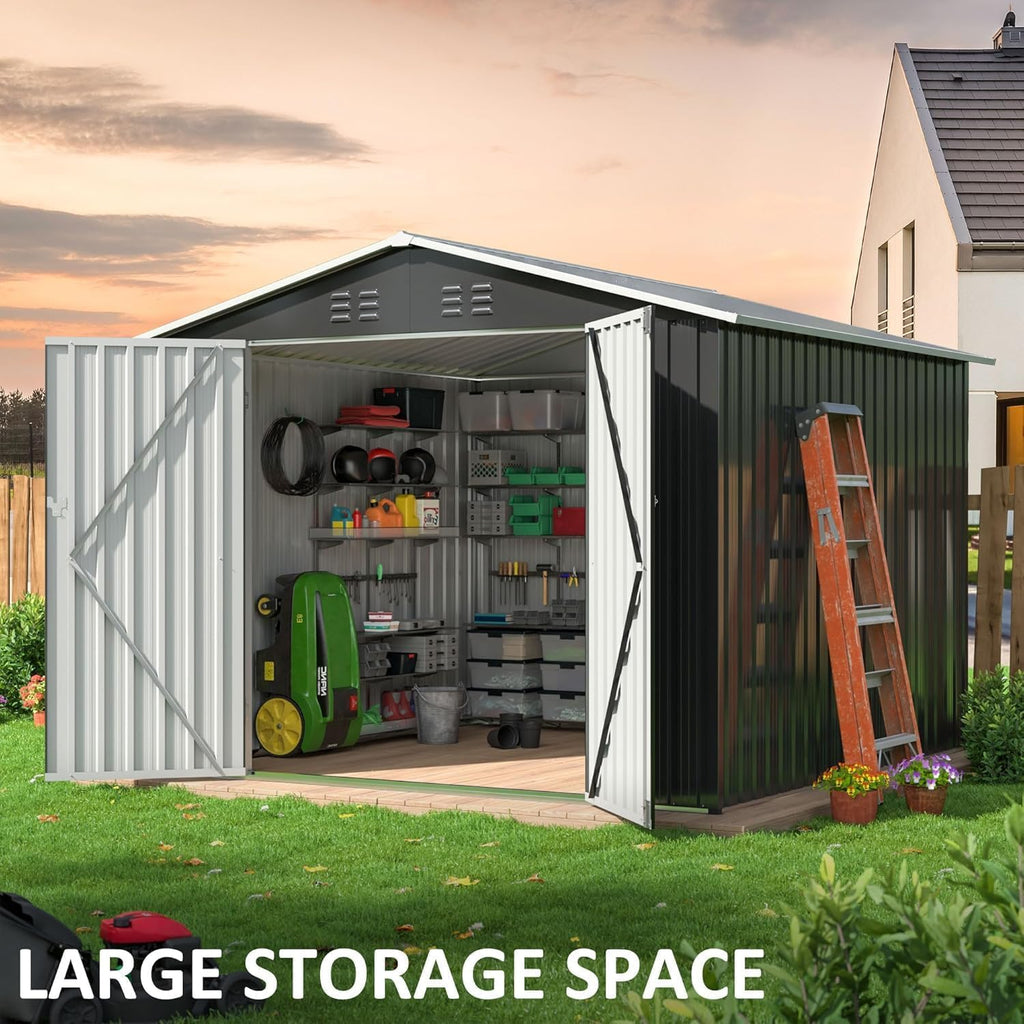 Polar Aurora 12x14 FT Outdoor Storage Shed, Garden Shed with Updated Frame Structure and Lockable Doors, Metal Tool Sheds for Backyard Garden Patio