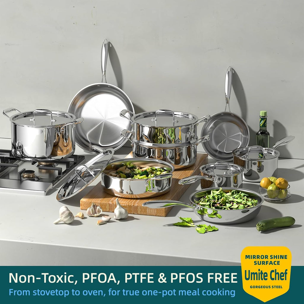 Umite Chef Stainless Steel Cookware Set, 5 Ply 14 Piece Stainless Steel Pot and Pan Set-Induction, Heavy Chef Quality, Oven Safe | Professional