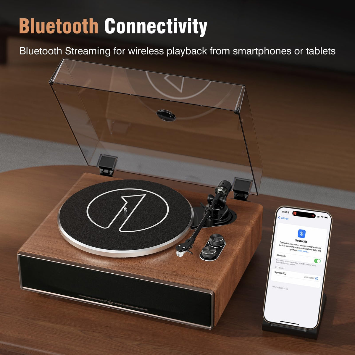 1 by ONE High Fidelity Belt Drive Turntable with Built-in Speakers, Vinyl Record Player with Magnetic Cartridge, Bluetooth Playback and Aux-in