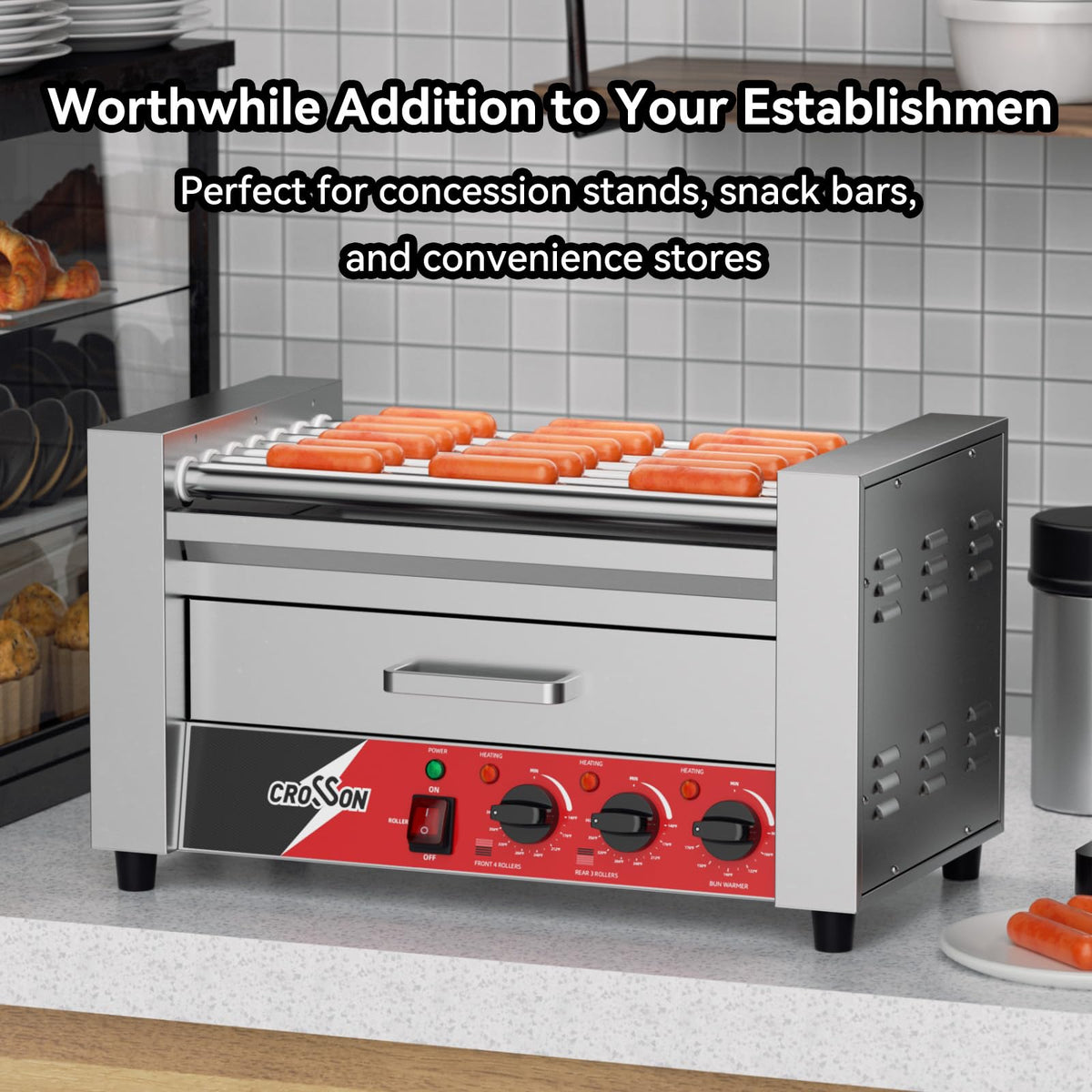 CROSSON 12 Hot Dog 5 Roller Grill Machine with Transparent Sneeze Guard,5 Nonstick 304SS Rollers Commercial Hot Dog Cooker Machine-120V, 750W