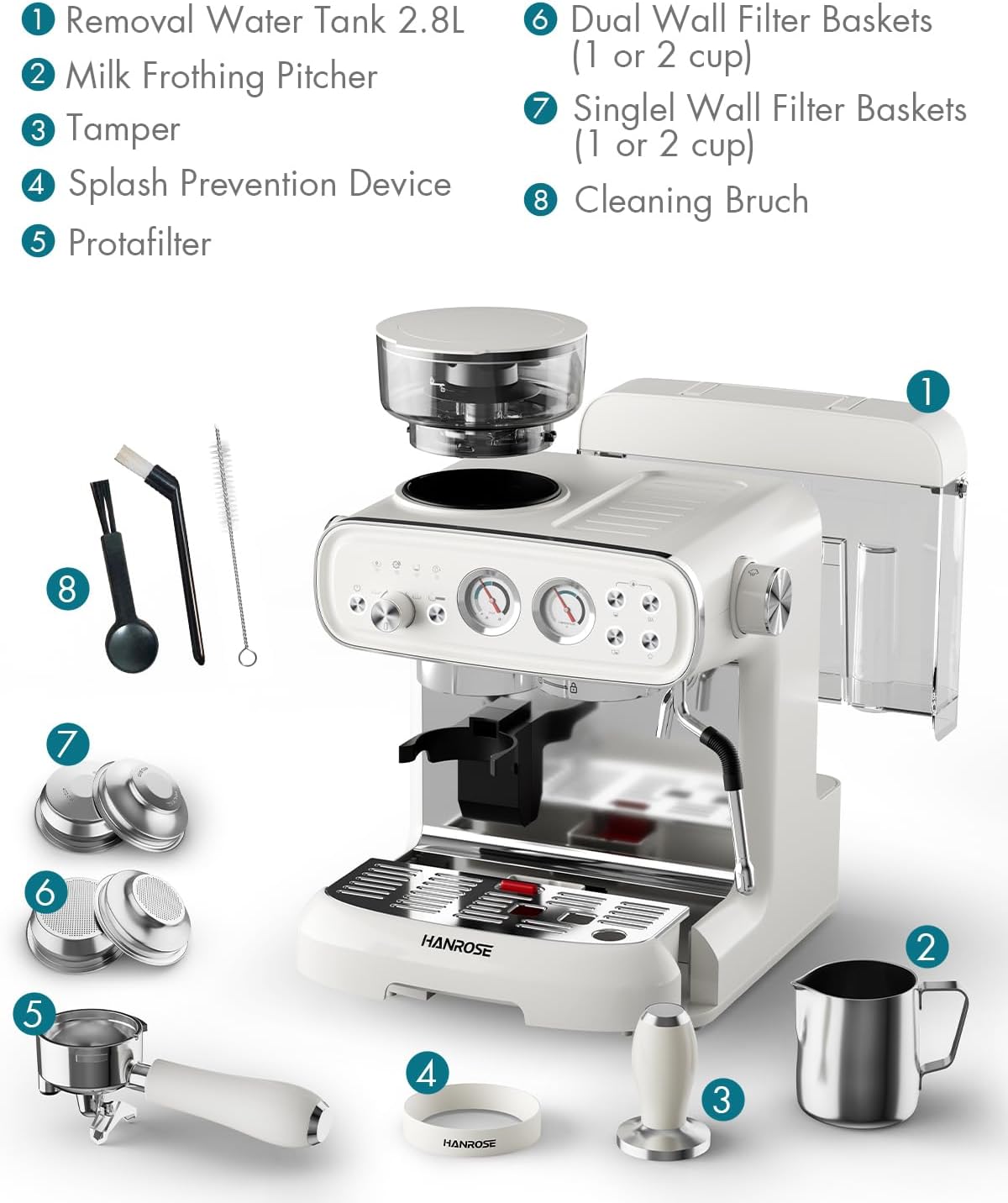 Espresso Machine With Grinder, 20 Bar Espresso Machine with Milk Frother Steam Wand, Espresso Machines for Home, Expresso Coffee Machines