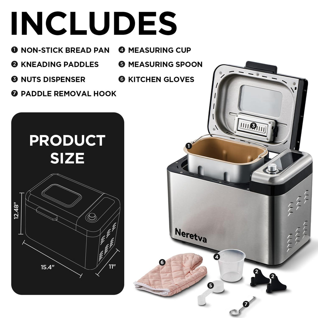 Neretva Bread Maker, 3.3LB Larger Bread Machine 15-in-1 Stainless Steel & Nonstick Ceramic Pan & Auto Nut Dispenser Breadmaker Machines Full Touch