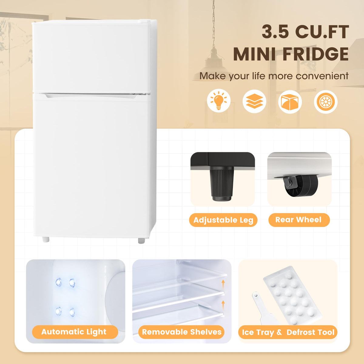 Manastin 3.5 Cu.Ft 2 Door Mini Fridge with Freezer, Small Refrigerator, 7 Level Adjustable Thermostat, Compact Fridge for Living Room, Dorm, Office