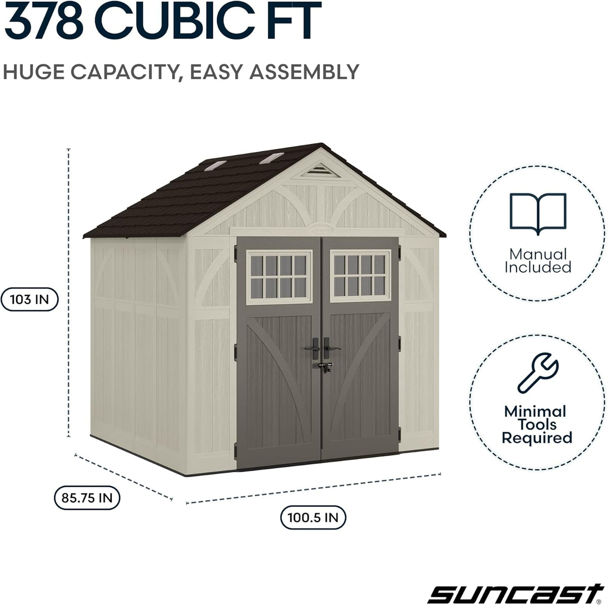 Suncast 8x7 Ft. Outdoor Storage Shed - Large Resin Shed with Floor, Lockable Double Doors, & Skylights. 378 Cu Ft Tremont Garden Sheds & Outdoor