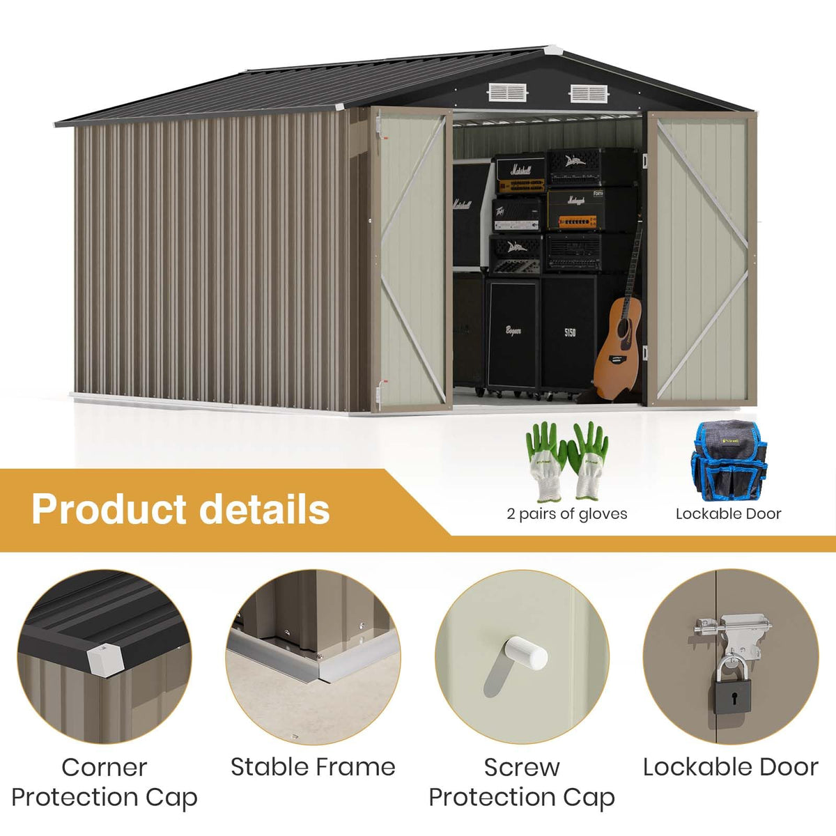 Patiowell 10 x 12 FT Metal Storage Shed for Outdoor, Steel Yard Shed with Design of Lockable Doors, Utility and Tool Storage for Garden, Backyard