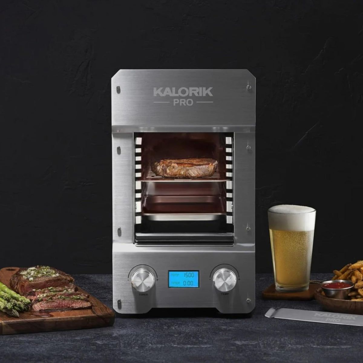 Kalorik Steakhouse Grill Pro Electric Broiler, 1500F Stainless Steel Steak Cooker with 2 Grill Plates, Electric Grill for BBQ Burgers & Fish, 1600