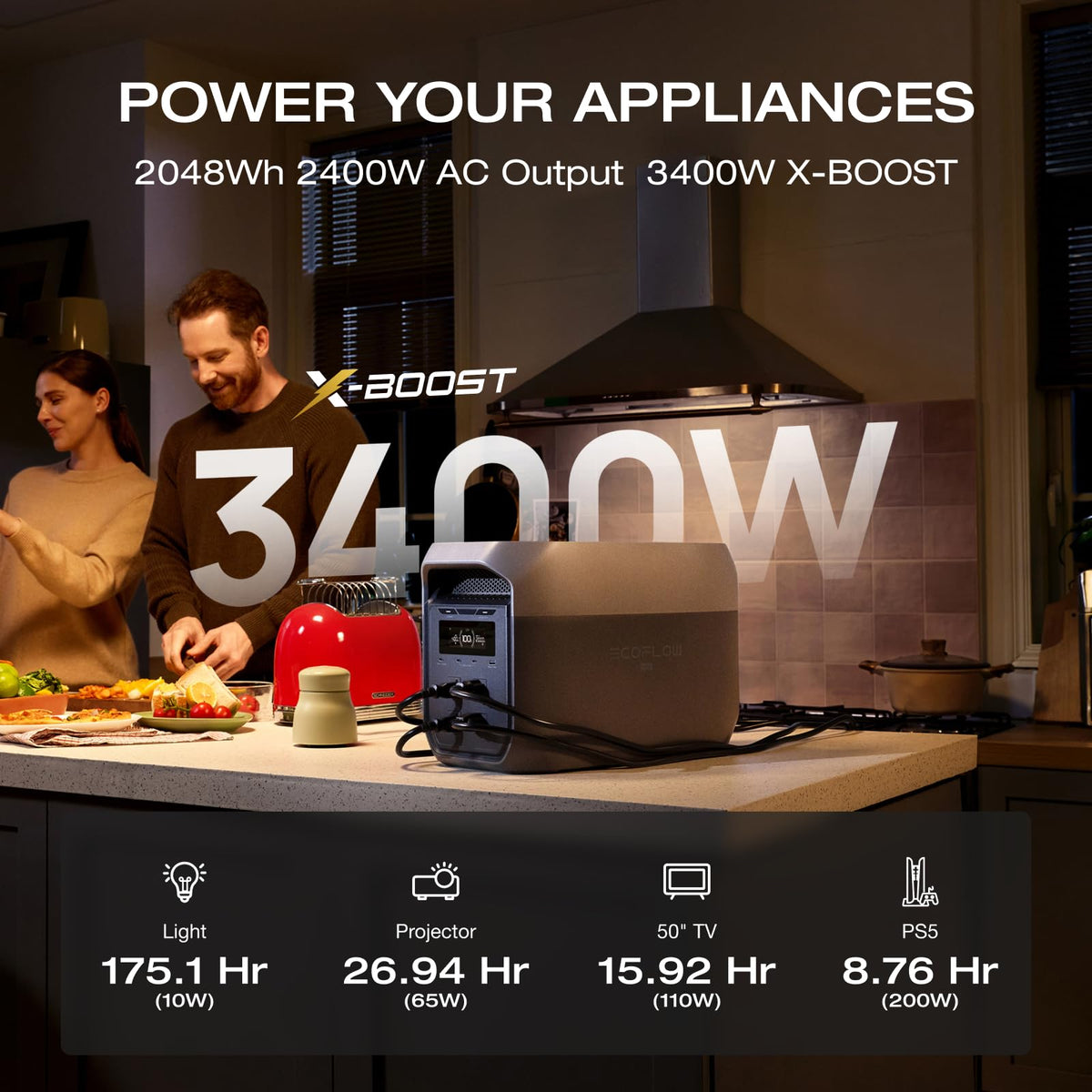 EF ECOFLOW Portable Power Station DELTA 3 Max, 2048Wh LiFePO4 Battery, Solar Generator (Solar Panel Optional), 3400W X-Boost Output, Ultra-Fast 0-80%
