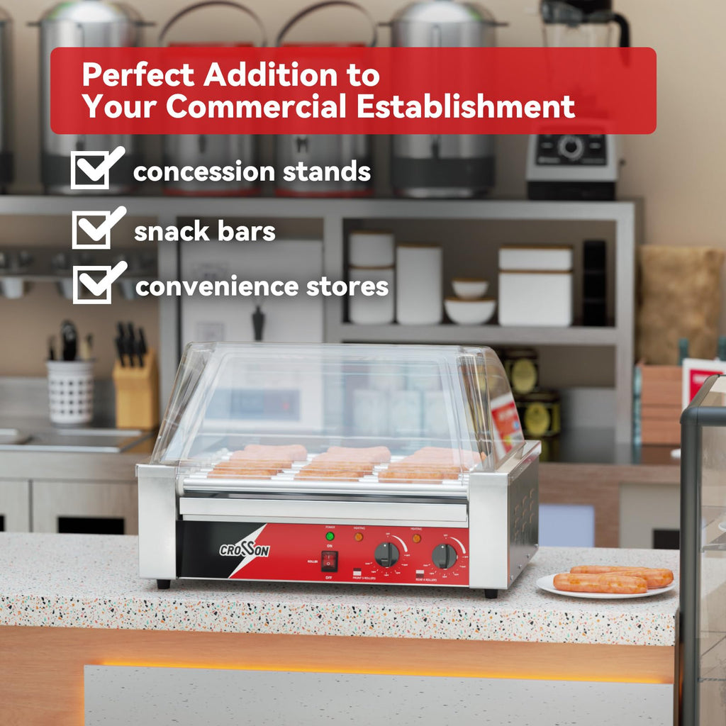 CROSSON 12 Hot Dog 5 Roller Grill Machine with Transparent Sneeze Guard,5 Nonstick 304SS Rollers Commercial Hot Dog Cooker Machine-120V, 750W