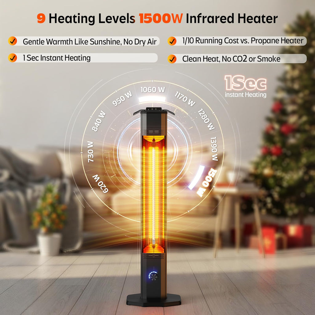 Outdoor Electric Patio Heater, 42-inch 1500W Infrared Tower Heater with 9 Heat Settings & 9H Timer, IPX5 Waterproof, Safety Lock, Tip-Over & Overheat