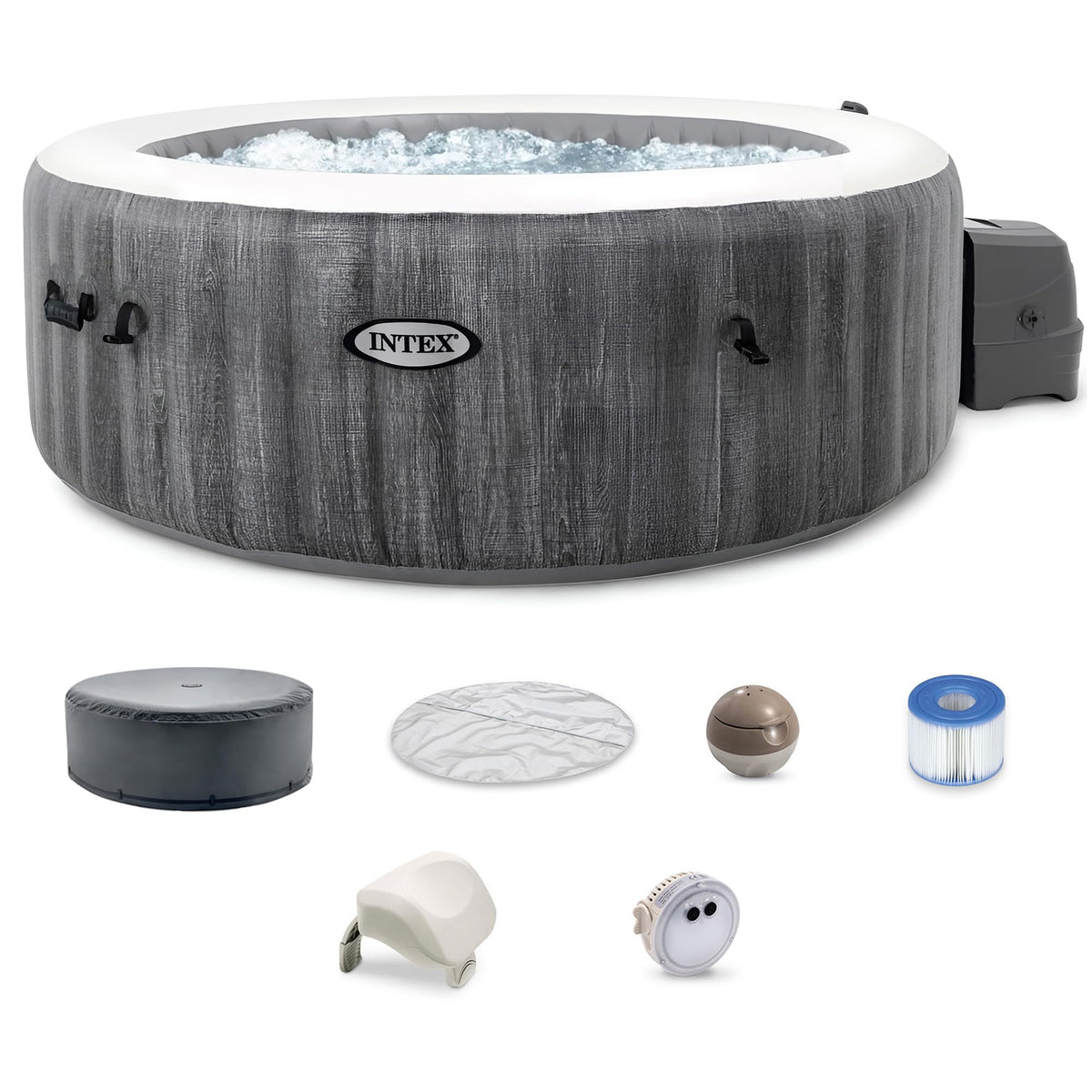 INTEX 28439EP PureSpa Greywood Deluxe Inflatable Spa Set: Includes Energy Efficient Cover C Spa Control App C Wireless Control Panel C 4 Person