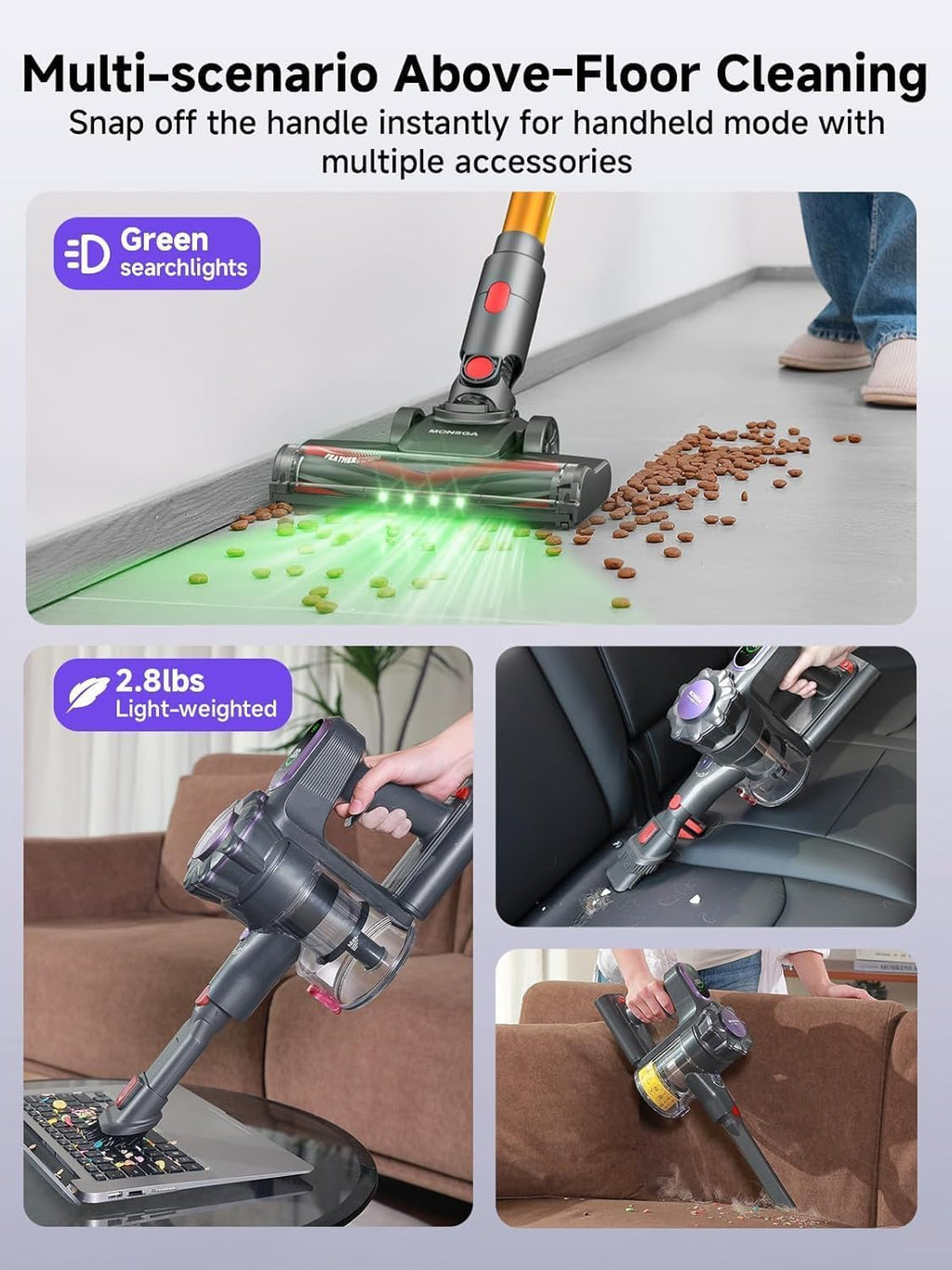 MONSGA Cordless Vacuum Cleaner, 45KPa 400W Stick Vacuum for Home, 50Mins Anti-Tangled Vacuum Cleaner with Charging Dock, Light-Weighted Handheld