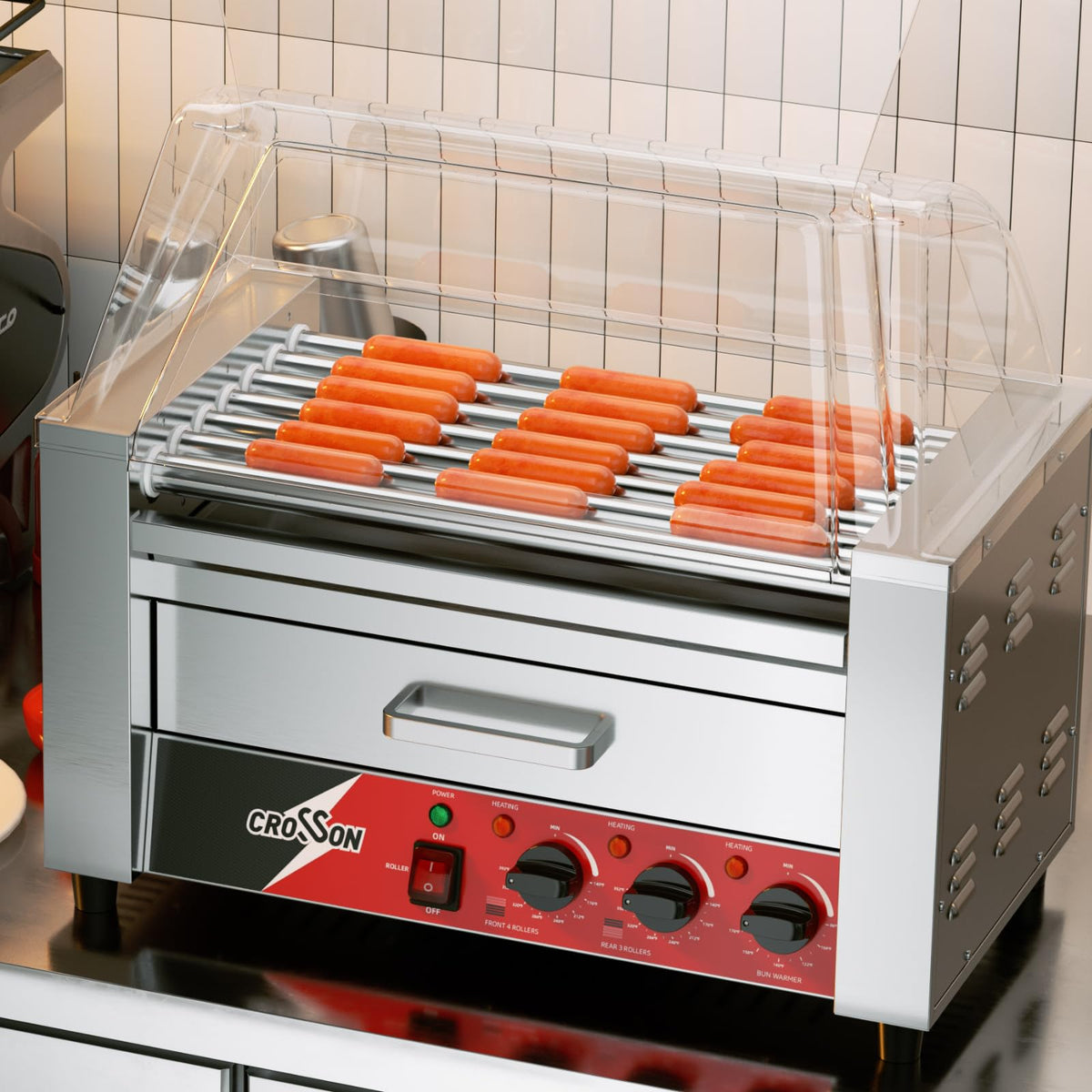CROSSON 12 Hot Dog 5 Roller Grill Machine with Transparent Sneeze Guard,5 Nonstick 304SS Rollers Commercial Hot Dog Cooker Machine-120V, 750W