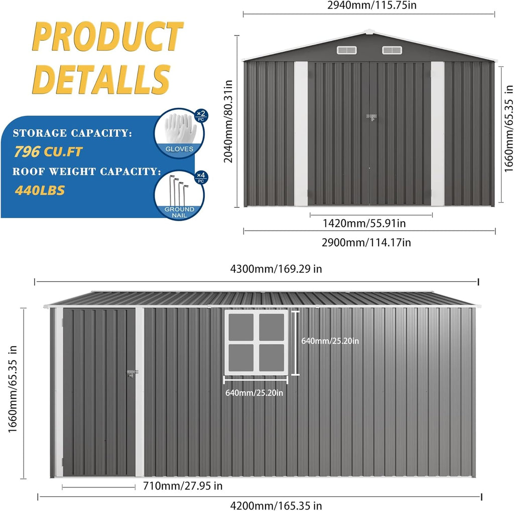 10x14x6.7FT Outdoor Storage Shed, Galvanized Steel Garden Shed with Lockable Door & Window, Waterproof Metal Tool Storage for Garden, Backyard, Patio