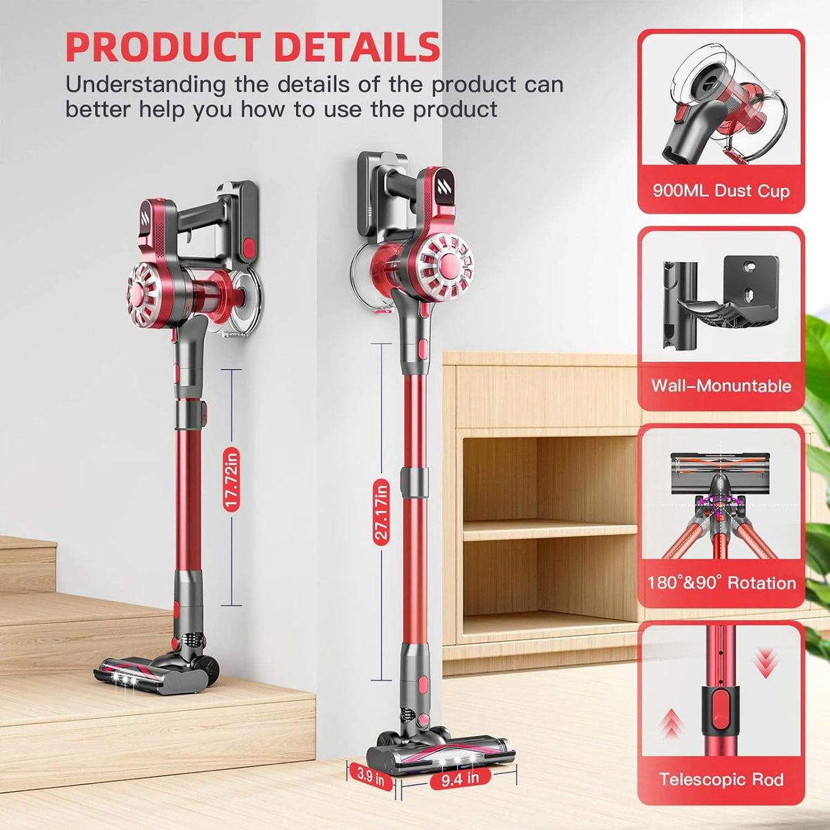 Cordless Vacuum Cleaner,Vacuum Cleaners for Home with Super Suction,Lightweight Stick Vacuum with 35 Mins Runtime,Rechargeable Cordless Vacuum for