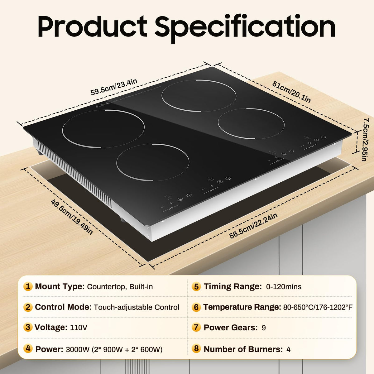 3000W 110V Cooktop Portable 4 Burners Electric Built-in Cooktop Sensor Touch Control Countertop Electric Hot Plate with Kid Safety Lock and 2H Timer