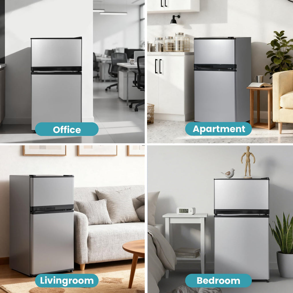Double Door Refrigerator with Freezer, 3.5 Cu.Ft, Small Fridge with Freezer, 7 Settings Temperature Adjustable, Mini Refrigerator for Office Dorm