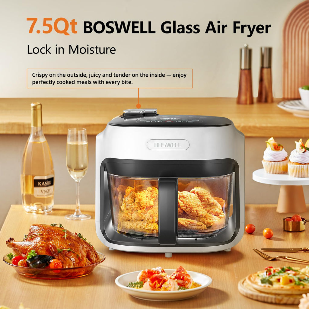 BOSWELL Glass Air Fryer, 7.5QT Borosilicate Bowl with Circulating Heat, Digital Touchscreen, 400F Max Temp, Oil-Free Fryer with Mist Function