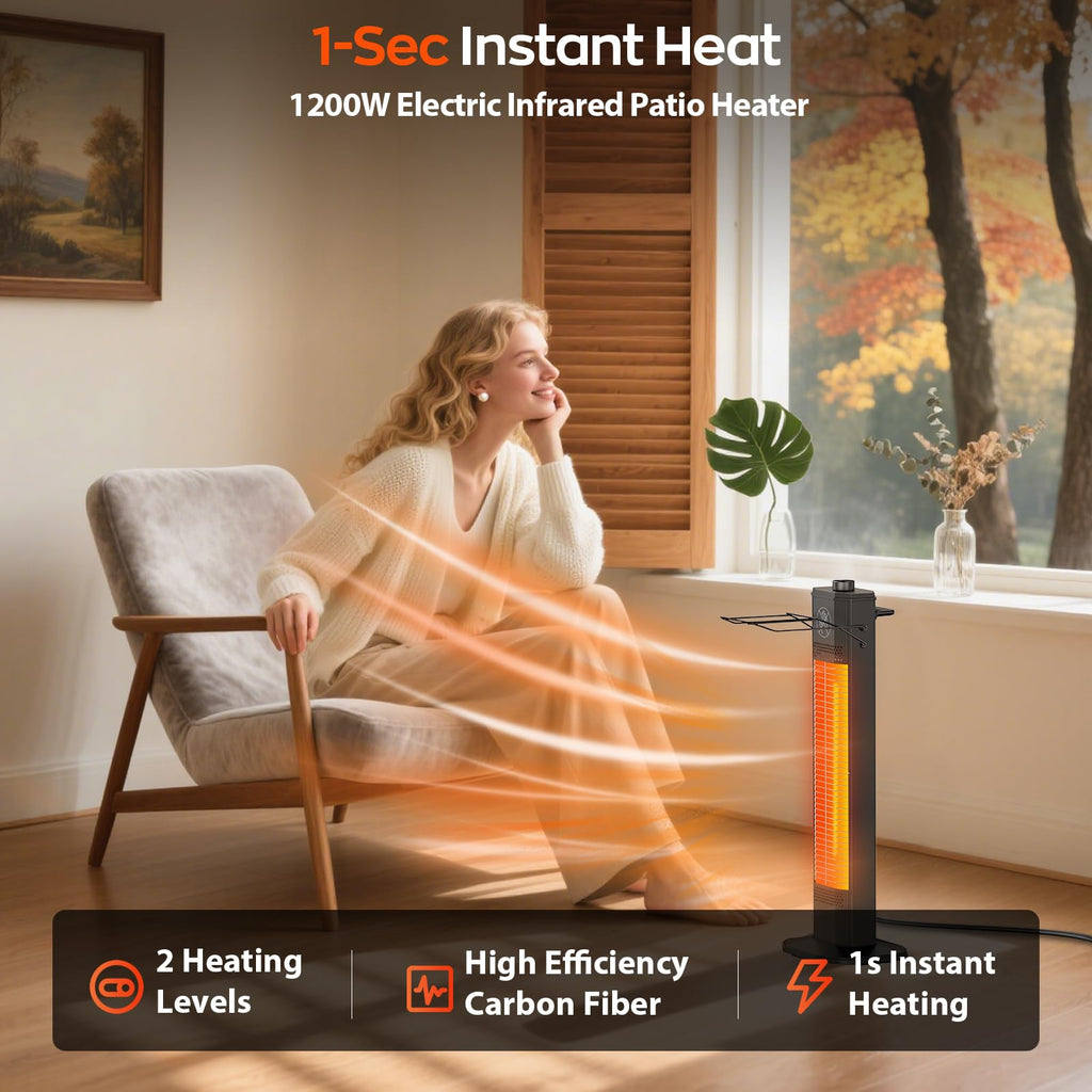 Outdoor Electric Patio Heater, 42-inch 1500W Infrared Tower Heater with 9 Heat Settings & 9H Timer, IPX5 Waterproof, Safety Lock, Tip-Over & Overheat