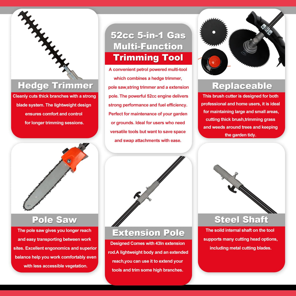 6-in-1 Gas Weed Wacker with Hedge Trimmer, 52CC 2-Stroke String Trimmer/Weed Trimmer/Brush Cutter/Edger, Weed Eater Gas Powered with Extension Pole C