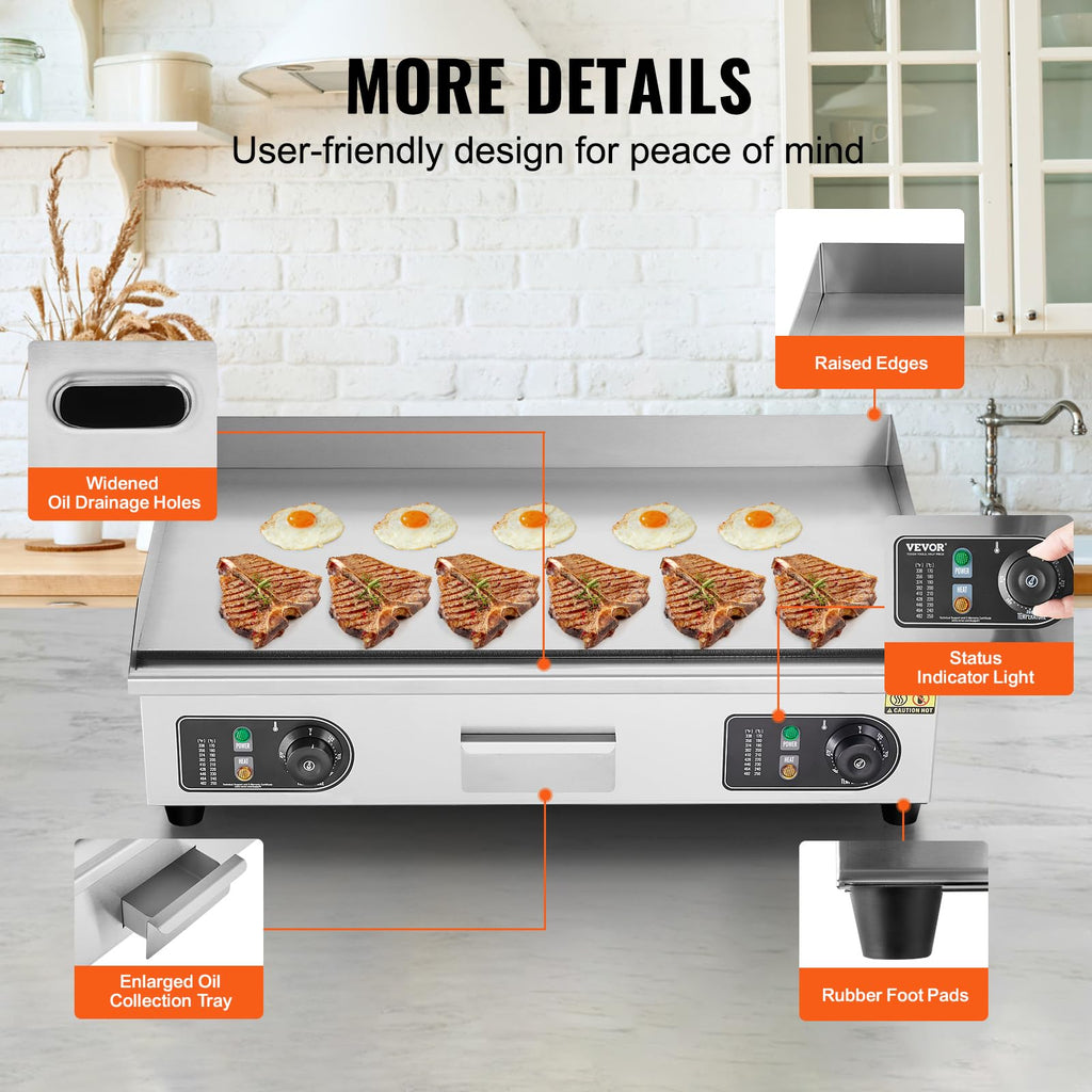 VEVOR Upgraded Commercial Electric Griddle, 2800W Stainless Steel Countertop Flat Top Grill, 26'' Griddle Grill with 2 Shovels and 2 Brushes, 122H