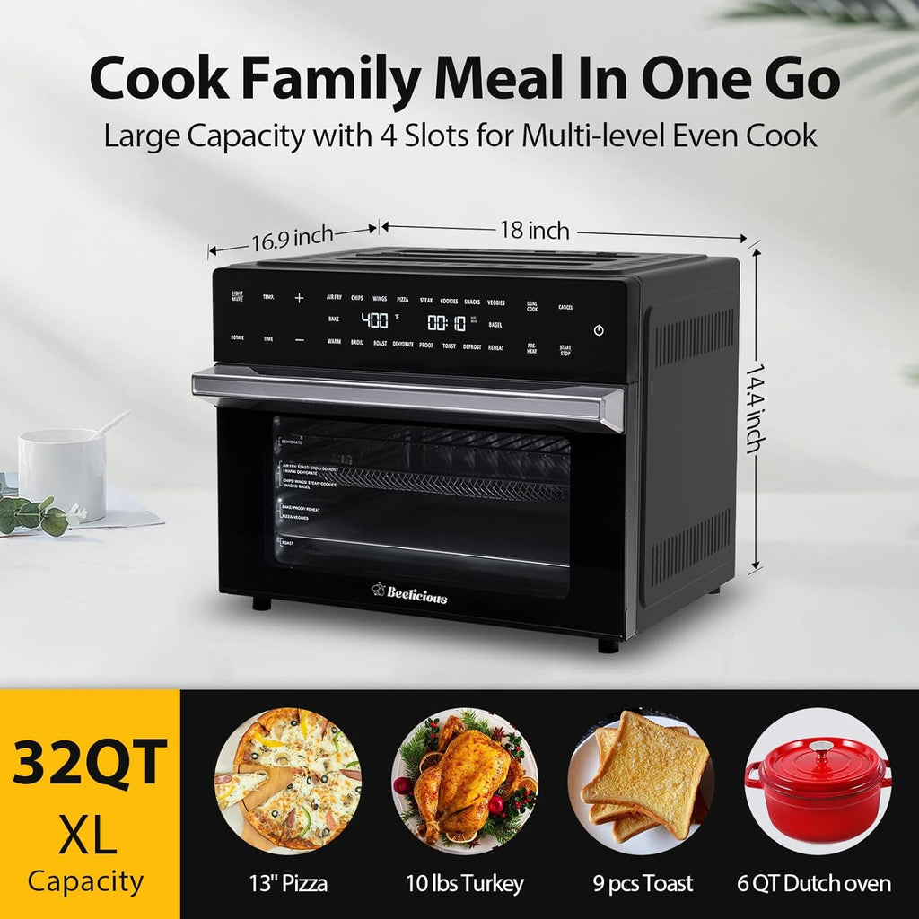 Beelicious 32QT Extra Large Air Fryer, 19-In-1 Air Fryer Toaster Oven Combo with Rotisserie and Dehydrator, Digital Convection Oven Countertop