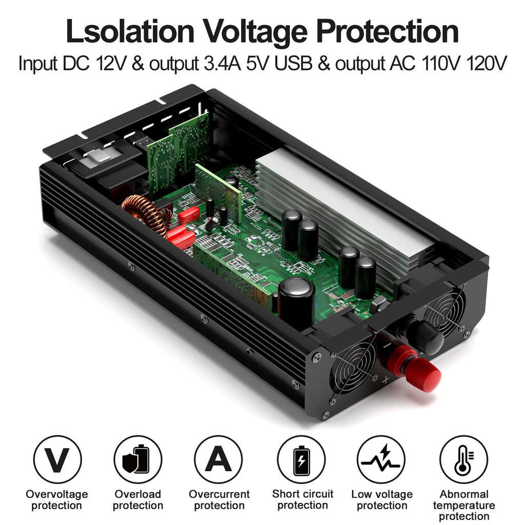 Pure Sine Wave Power Inverter, 3000W 12V DC to 110V/120V AC, Peak 6000W - Remote Control, 4 AC Outlets, Dual USB, LED Display, Terminal Blocks for