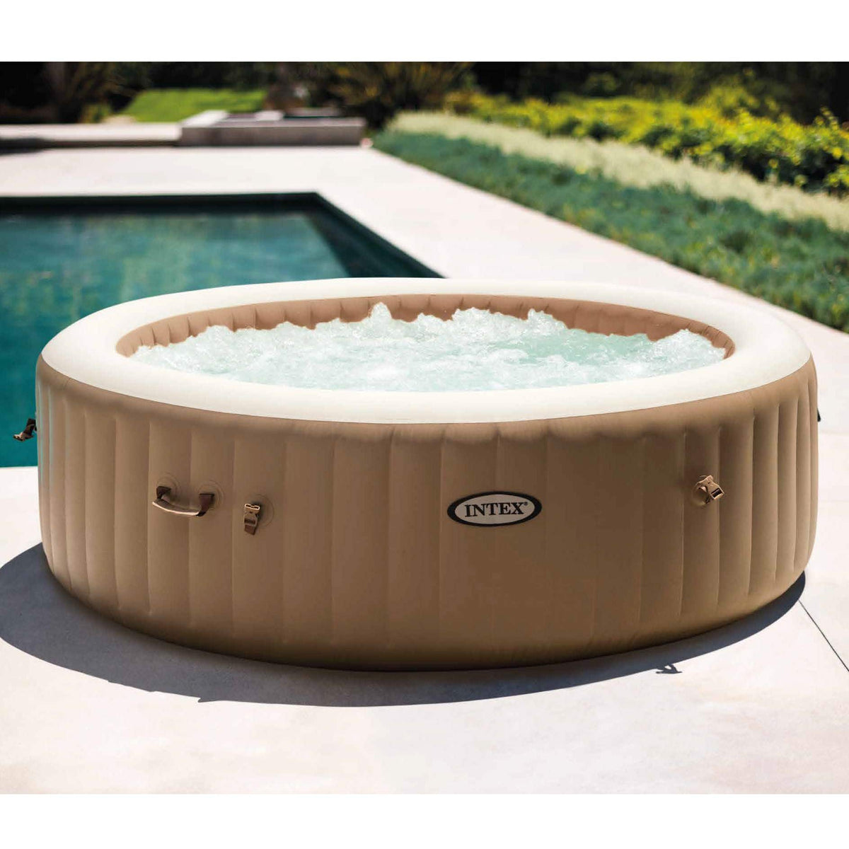 INTEX 28425EH PureSpa Bubble Massage Spa Set Outdoor Inflatable Portable Hot Tub, Includes Energy Efficient Spa Cover, Saltwater System Ready, 4