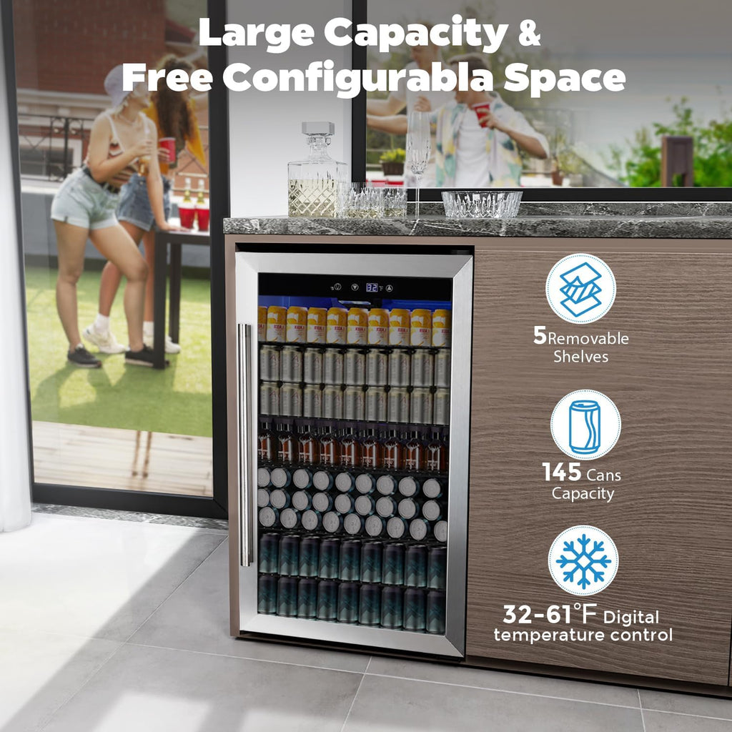 COWSAR 4.5 Cu.Ft Wine Fridge 37 Bottle, ETL Approved Freestanding Wine Cooler 145 Can Beverage Refrigerator with Stainless Steel Reversible Glass