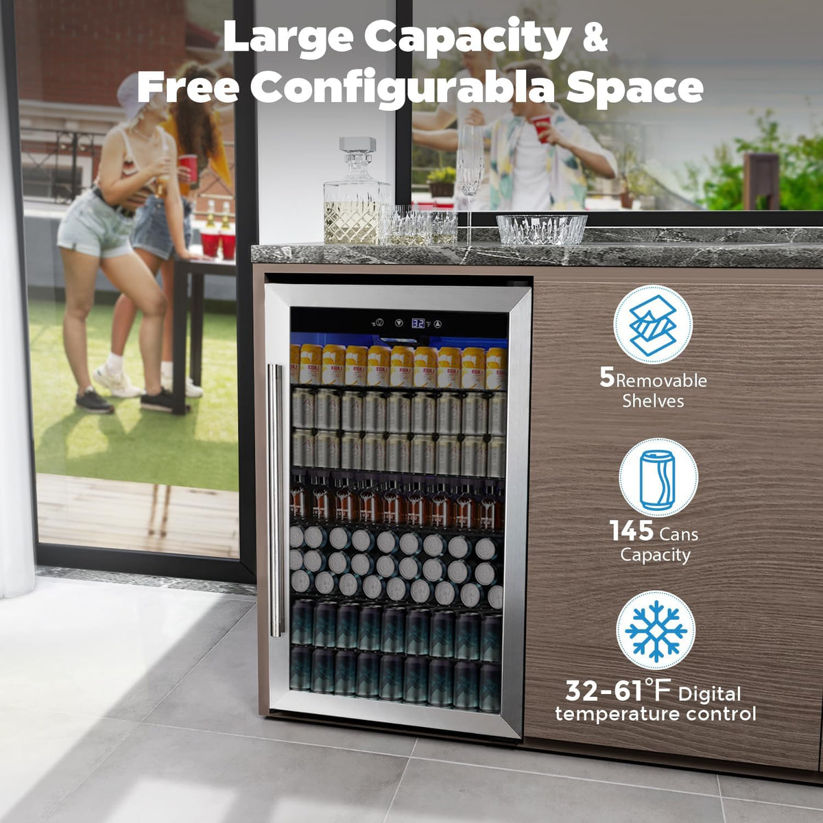 COWSAR 4.5 Cu.Ft Wine Fridge 37 Bottle, ETL Approved Freestanding Wine Cooler 145 Can Beverage Refrigerator with Stainless Steel Reversible Glass