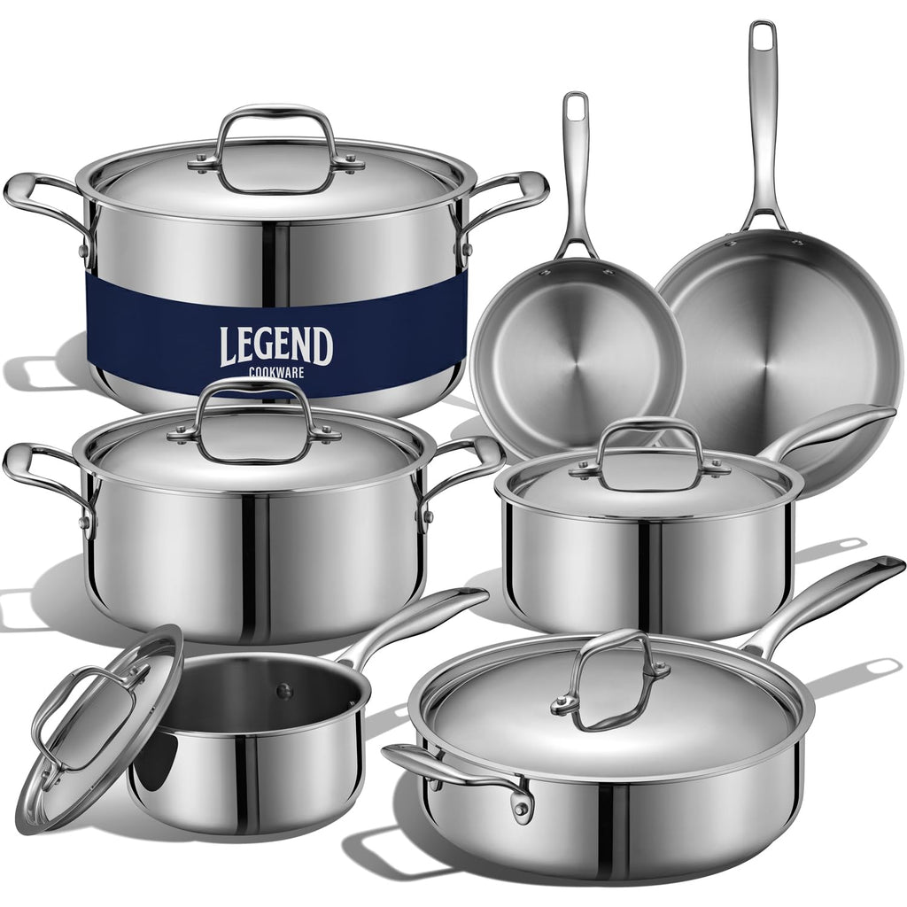 LEGEND COOKWARE 5-Ply Stainless Steel Cookware Set, 12-Piece Pots and Pans Set - Induction Compatible, Oven Safe 800F - Non-Toxic, No Coatings