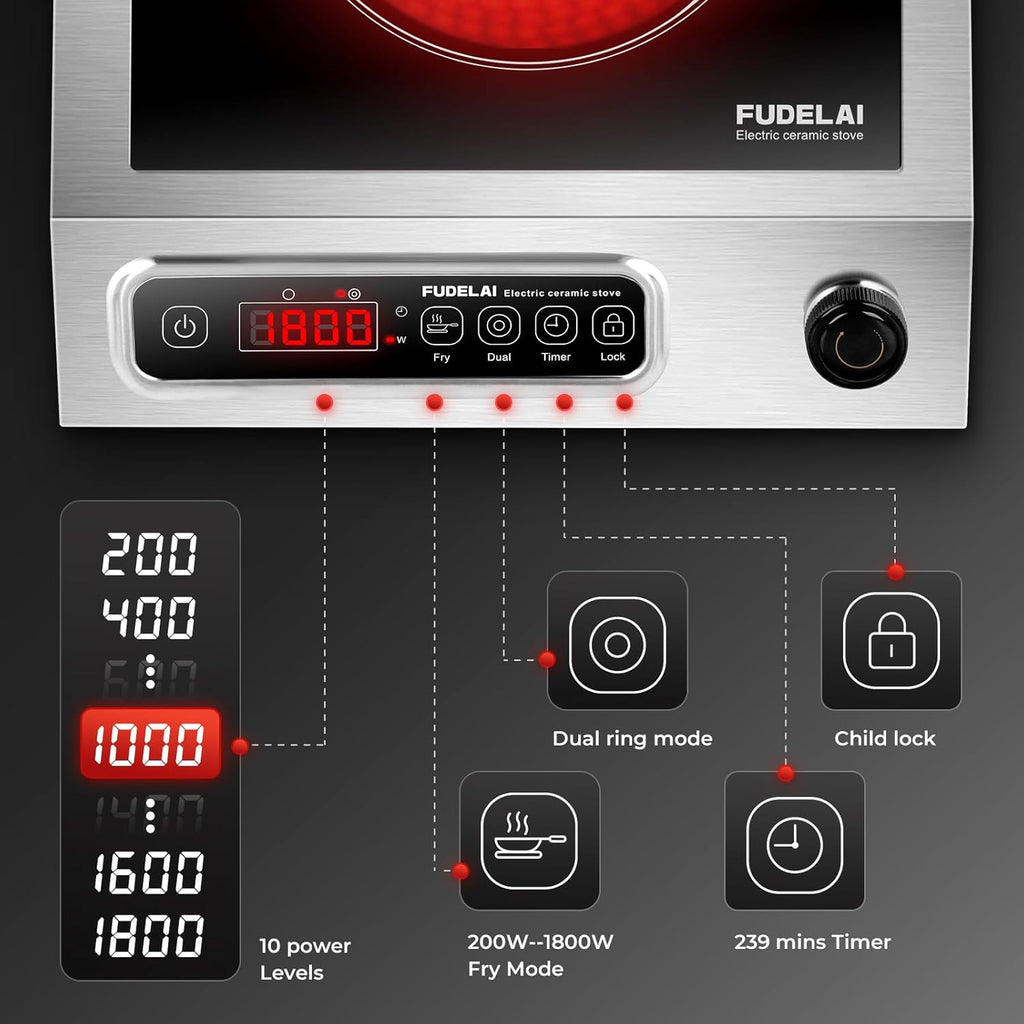 1800W Commercial Grade Electric Cooktop with 9 Power Levels - Electric Burner with EUROKERA Micro-Ceramic Panel, Infrared Cooktop with Timer, Safety