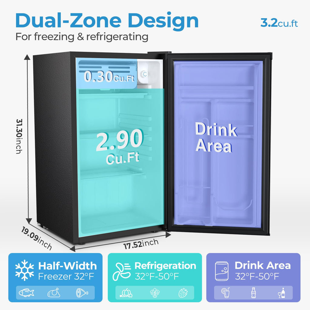 Antarctic Star 3.2 Cu.Ft. Mini Fridge with Freezer, Small Refrigerators with Adjustable Thermostat, Low Noise, Energy Saving, Compact Refrigerators